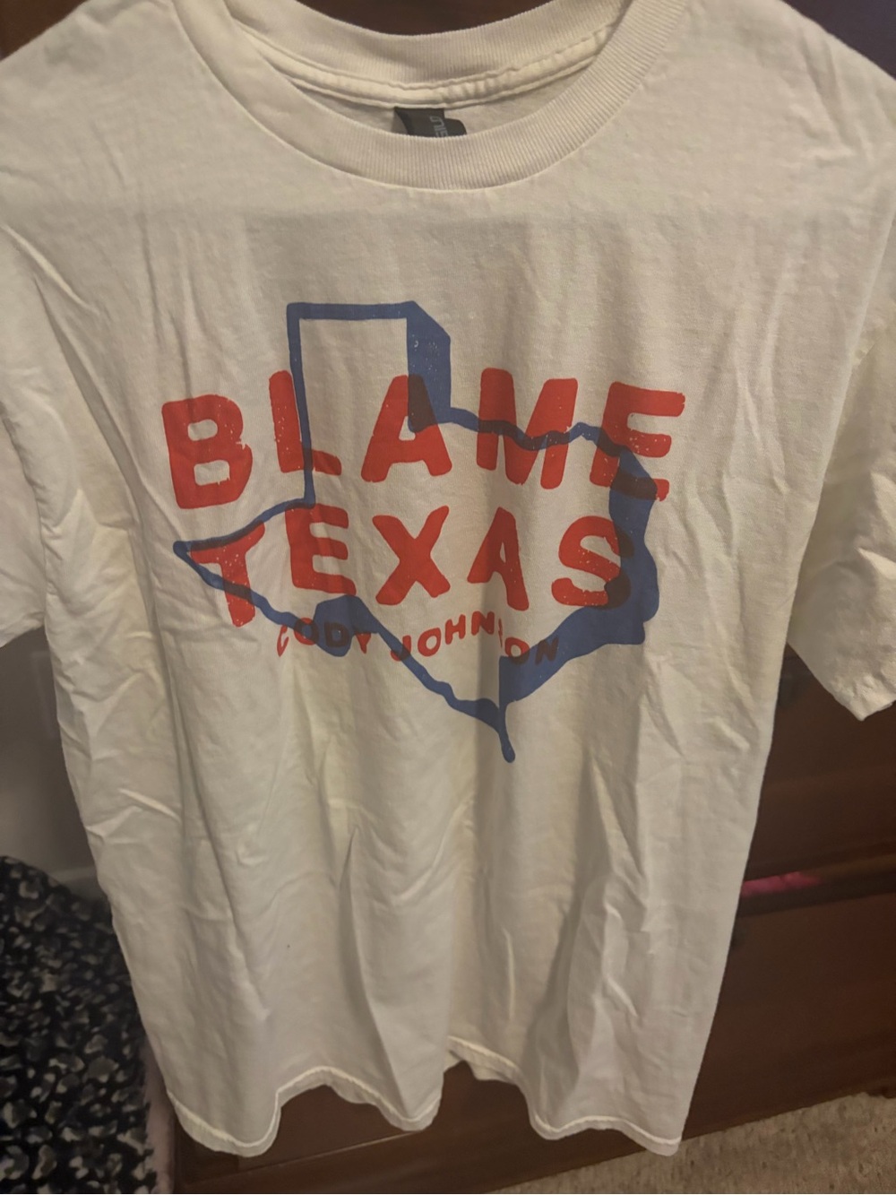 Blame Texas Graphic Tee - White with Red & Blue Print, brand new never worn